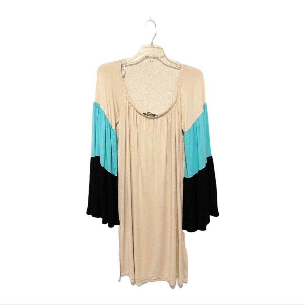 James & Joy Dress Women Small Beige Colorblock Off shoulder Wide Sleeve Bohemian